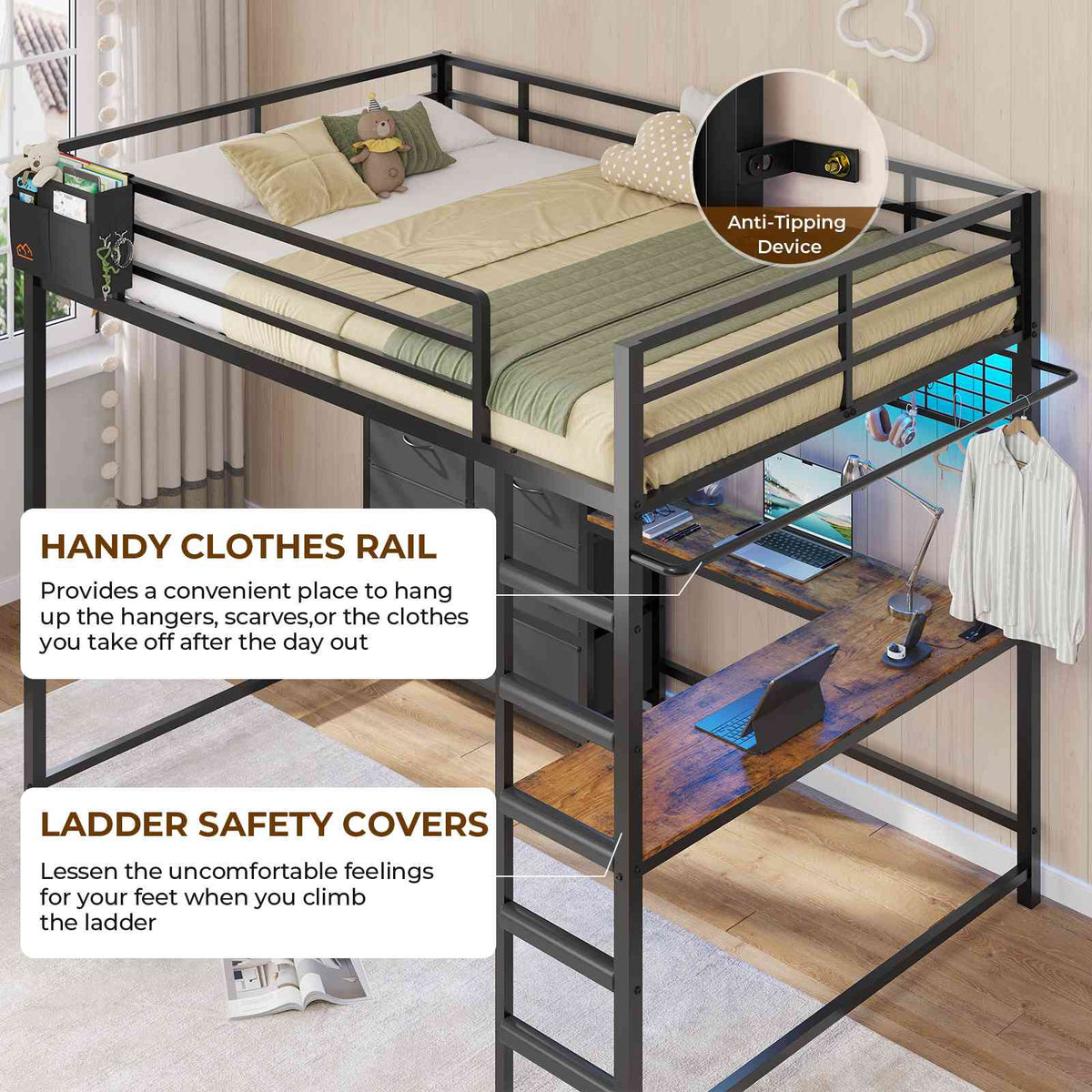 DICTAC | Full Loft Bed with L-Shaped Desk, 7 Storage Drawers, LED Lights & Charging Station, Metal Loft Bed for Teens (Black)