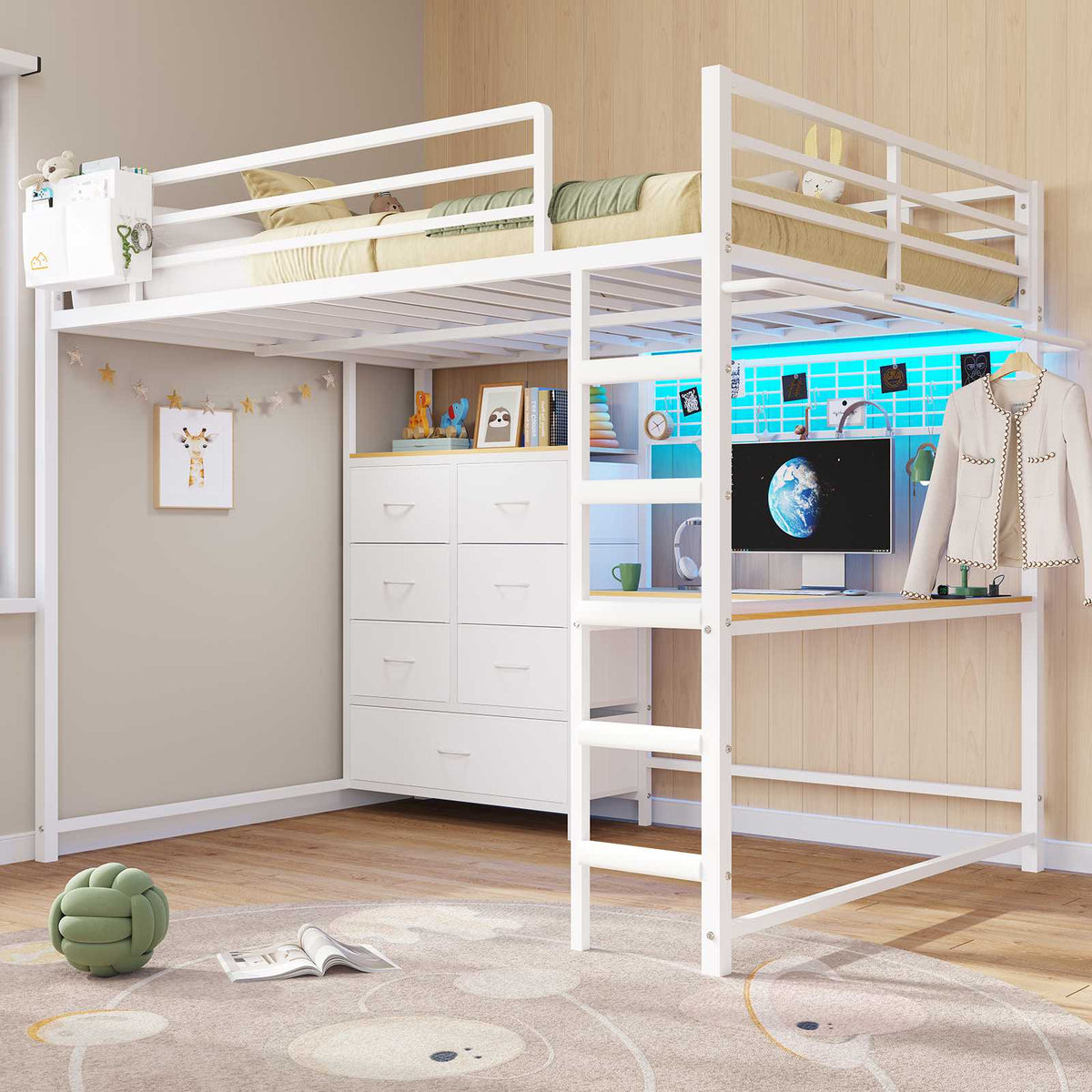 DICTAC | Full Loft Bed with L-Shaped Desk, 7 Storage Drawers, LED Lights & Charging Station, Metal Loft Bed for Teens (Black)