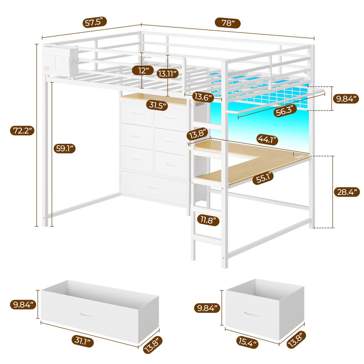 DICTAC | Full Loft Bed with L-Shaped Desk, 7 Storage Drawers, LED Lights & Charging Station, Metal Loft Bed for Teens (Black)