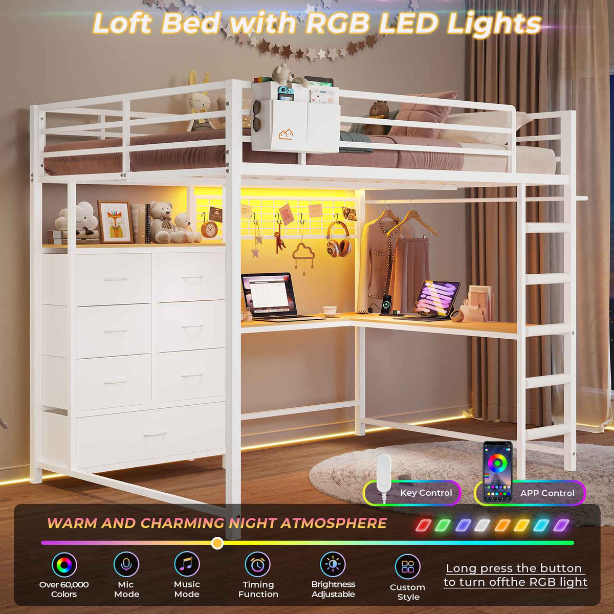 DICTAC | Full Loft Bed with L-Shaped Desk, 7 Storage Drawers, LED Lights & Charging Station, Metal Loft Bed for Teens (Black)