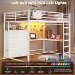 DICTAC | Full Loft Bed with L-Shaped Desk, 7 Storage Drawers, LED Lights & Charging Station, Metal Loft Bed for Teens (Black)