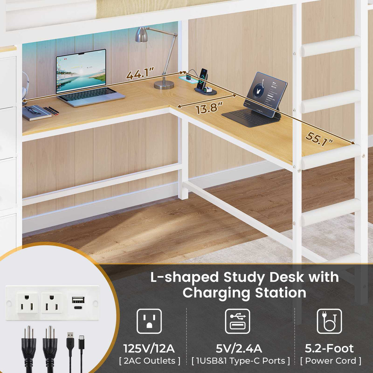 DICTAC | Full Loft Bed with L-Shaped Desk, 7 Storage Drawers, LED Lights & Charging Station, Metal Loft Bed for Teens (Black)
