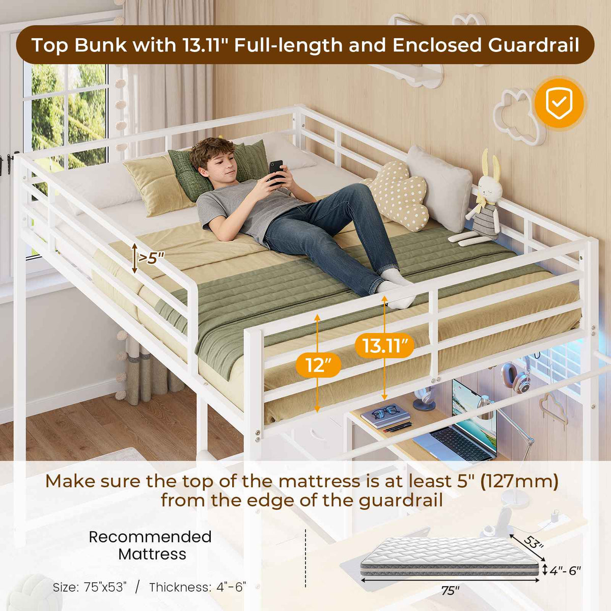 DICTAC | Full Loft Bed with L-Shaped Desk, 7 Storage Drawers, LED Lights & Charging Station, Metal Loft Bed for Teens (Black)