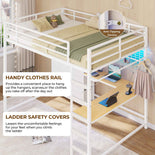 DICTAC | Full Loft Bed with L-Shaped Desk, 7 Storage Drawers, LED Lights & Charging Station, Metal Loft Bed for Teens (Black)