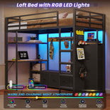 DICTAC | Twin Loft Bed with Desk, 6 Storage Drawers, Coat Rack, LED Lights & Charging Station, Metal Loft Bed with Shelves & Pegboard (Black)