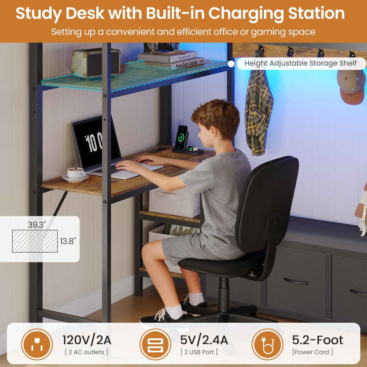 DICTAC | Twin Loft Bed with Desk, 6 Storage Drawers, Coat Rack, LED Lights & Charging Station, Metal Loft Bed with Shelves & Pegboard (Black)