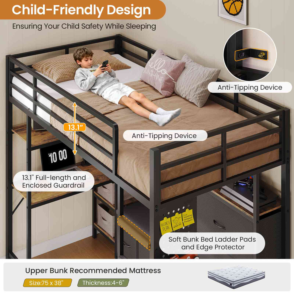 DICTAC | Twin Loft Bed with Desk, 6 Storage Drawers, Coat Rack, LED Lights & Charging Station, Metal Loft Bed with Shelves & Pegboard (Black)