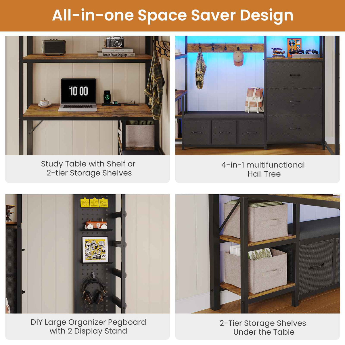 DICTAC | Twin Loft Bed with Desk, 6 Storage Drawers, Coat Rack, LED Lights & Charging Station, Metal Loft Bed with Shelves & Pegboard (Black)