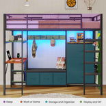 DICTAC | Twin Loft Bed with Desk, 6 Storage Drawers, Coat Rack, LED Lights & Charging Station, Metal Loft Bed with Shelves & Pegboard (Black)