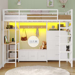 DICTAC | Twin Loft Bed with Desk, 6 Storage Drawers, Coat Rack, LED Lights & Charging Station, Metal Loft Bed with Shelves & Pegboard (Black)
