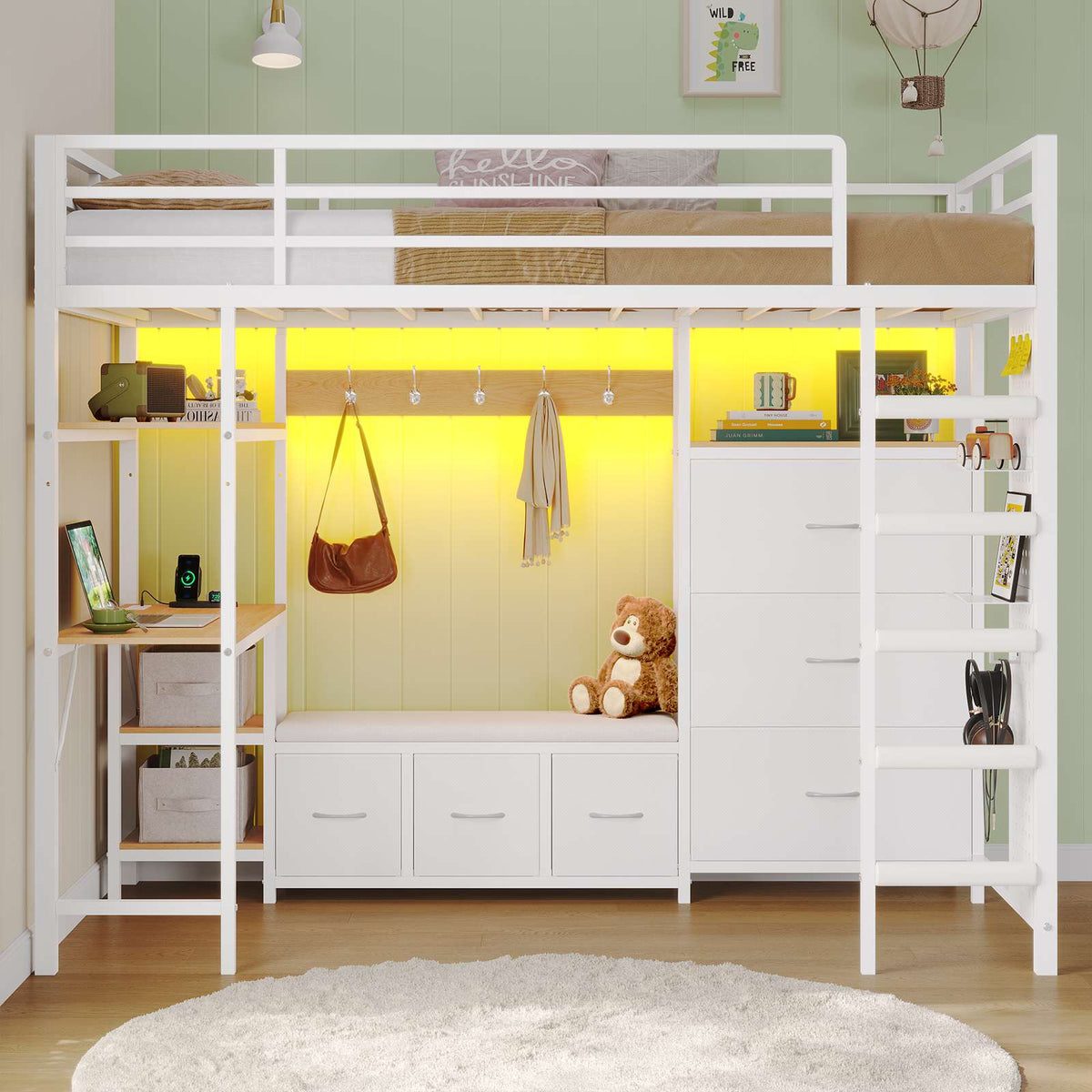 DICTAC | Twin Loft Bed with Desk, 6 Storage Drawers, Coat Rack, LED Lights & Charging Station, Metal Loft Bed with Shelves & Pegboard (Black)
