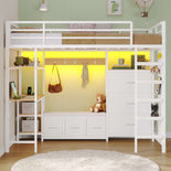DICTAC | Twin Loft Bed with Desk, 6 Storage Drawers, Coat Rack, LED Lights & Charging Station, Metal Loft Bed with Shelves & Pegboard (Black)