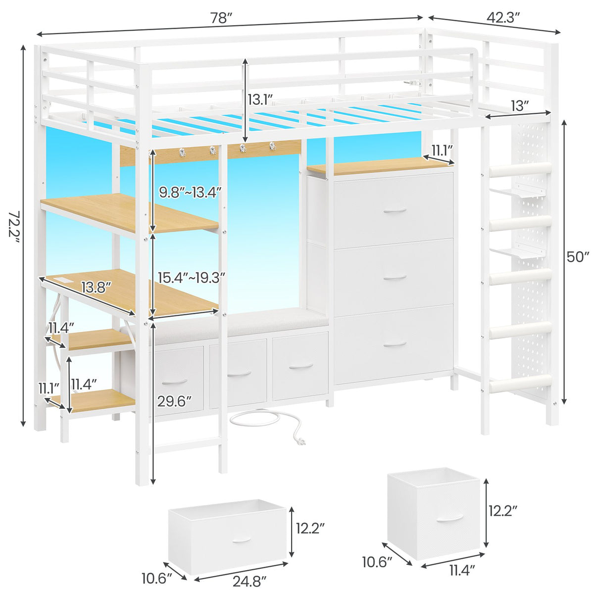 DICTAC | Twin Loft Bed with Desk, 6 Storage Drawers, Coat Rack, LED Lights & Charging Station, Metal Loft Bed with Shelves & Pegboard (Black)