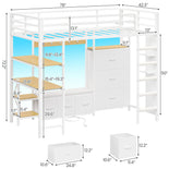 DICTAC | Twin Loft Bed with Desk, 6 Storage Drawers, Coat Rack, LED Lights & Charging Station, Metal Loft Bed with Shelves & Pegboard (Black)