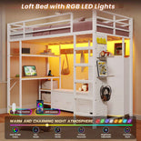 DICTAC | Twin Loft Bed with Desk, 6 Storage Drawers, Coat Rack, LED Lights & Charging Station, Metal Loft Bed with Shelves & Pegboard (Black)