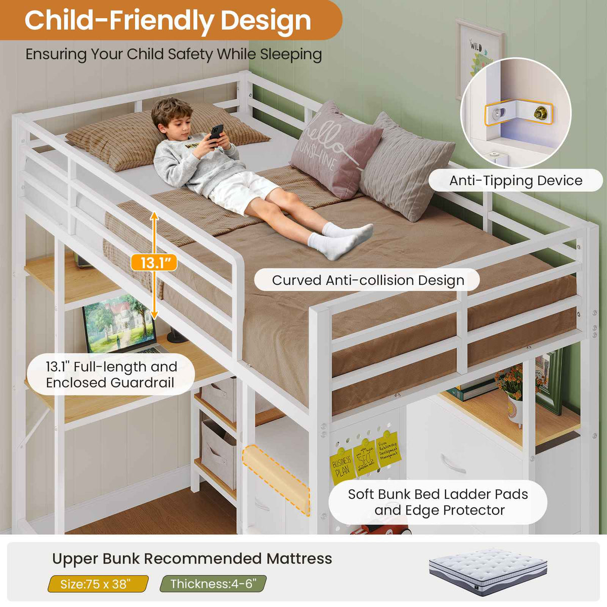 DICTAC | Twin Loft Bed with Desk, 6 Storage Drawers, Coat Rack, LED Lights & Charging Station, Metal Loft Bed with Shelves & Pegboard (Black)