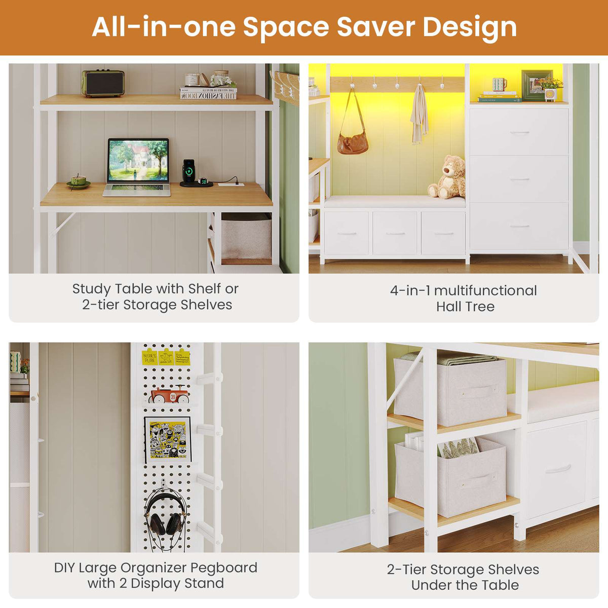 DICTAC | Twin Loft Bed with Desk, 6 Storage Drawers, Coat Rack, LED Lights & Charging Station, Metal Loft Bed with Shelves & Pegboard (Black)