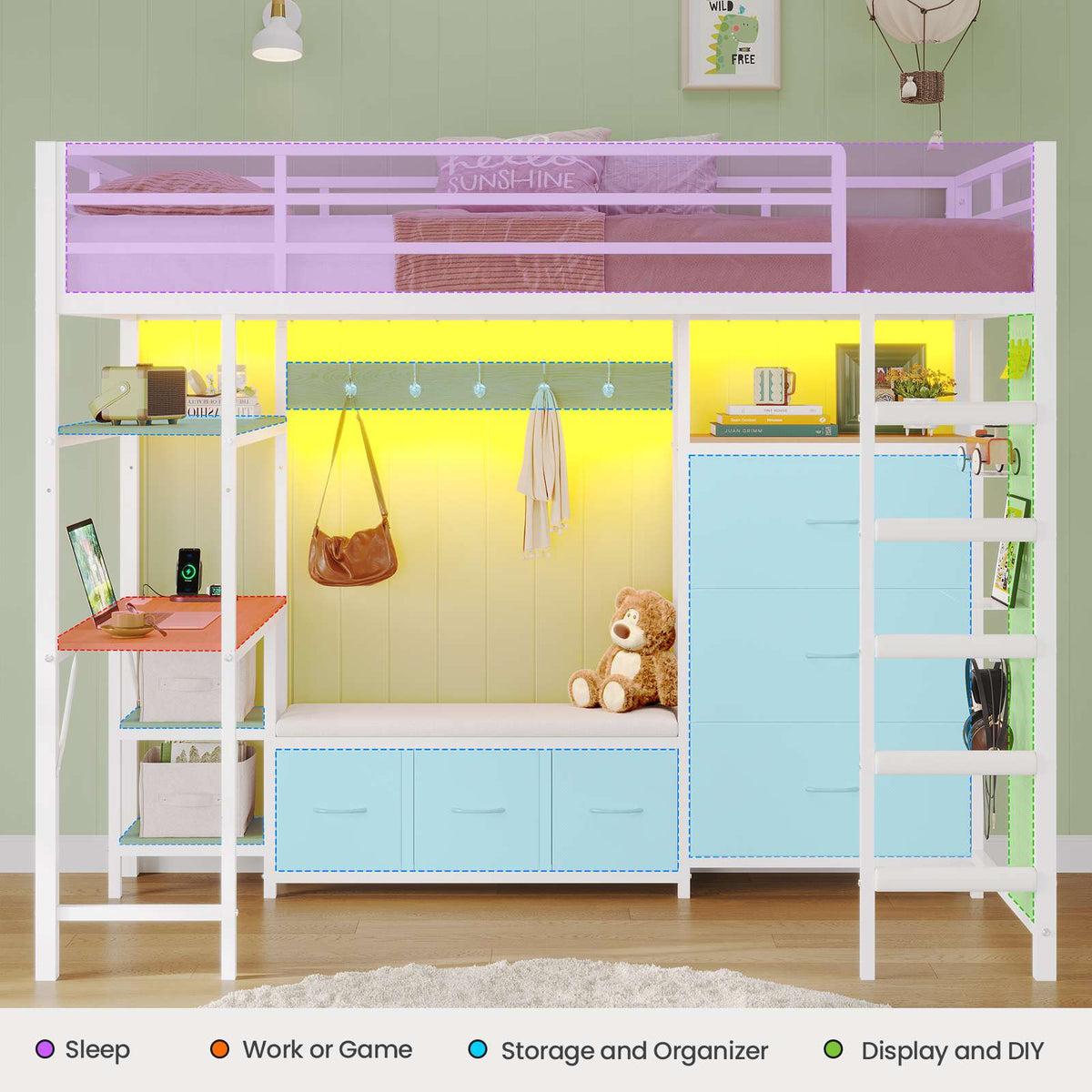DICTAC | Twin Loft Bed with Desk, 6 Storage Drawers, Coat Rack, LED Lights & Charging Station, Metal Loft Bed with Shelves & Pegboard (Black)