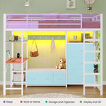 DICTAC | Twin Loft Bed with Desk, 6 Storage Drawers, Coat Rack, LED Lights & Charging Station, Metal Loft Bed with Shelves & Pegboard (Black)