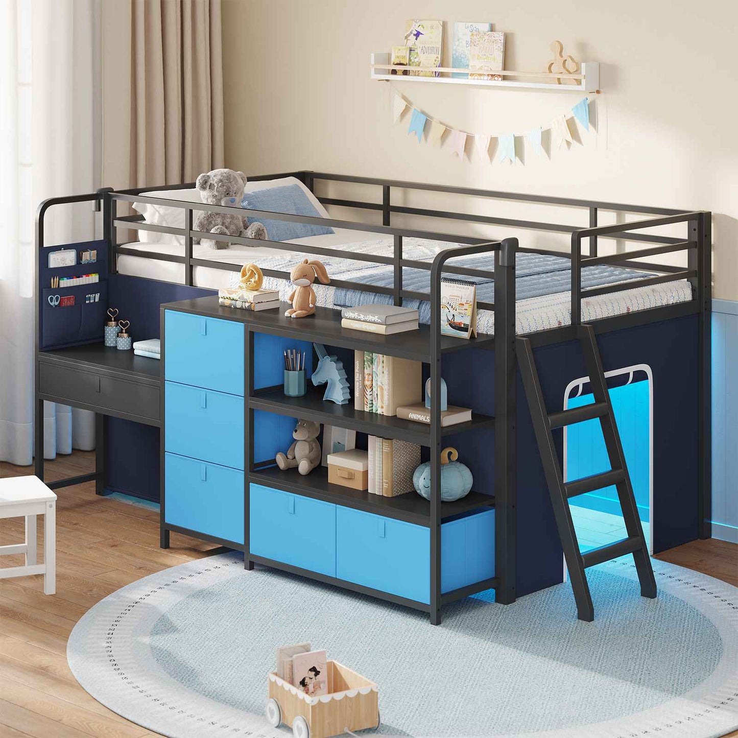 DICTAC | Twin Low Loft Bed for Kids with Desk, Storage Drawers, Bookshelf & Play Tent, LED Lights, Metal Loft Bed with Guardrail (Blue & Black)