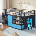 DICTAC | Twin Low Loft Bed for Kids with Desk, Storage Drawers, Bookshelf & Play Tent, LED Lights, Metal Loft Bed with Guardrail (Blue & Black)