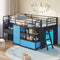 DICTAC | Twin Low Loft Bed for Kids with Desk, Storage Drawers, Bookshelf & Play Tent, LED Lights, Metal Loft Bed with Guardrail (Blue & Black)