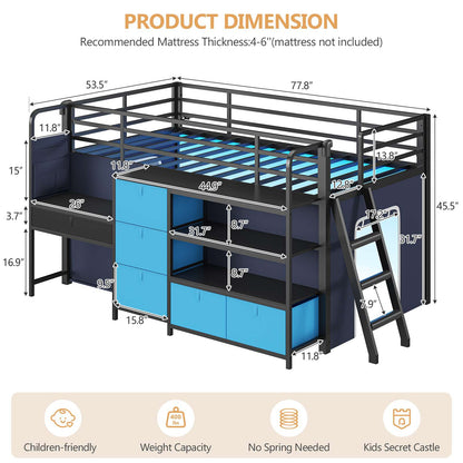 DICTAC | Twin Low Loft Bed for Kids with Desk, Storage Drawers, Bookshelf & Play Tent, LED Lights, Metal Loft Bed with Guardrail (Blue & Black)