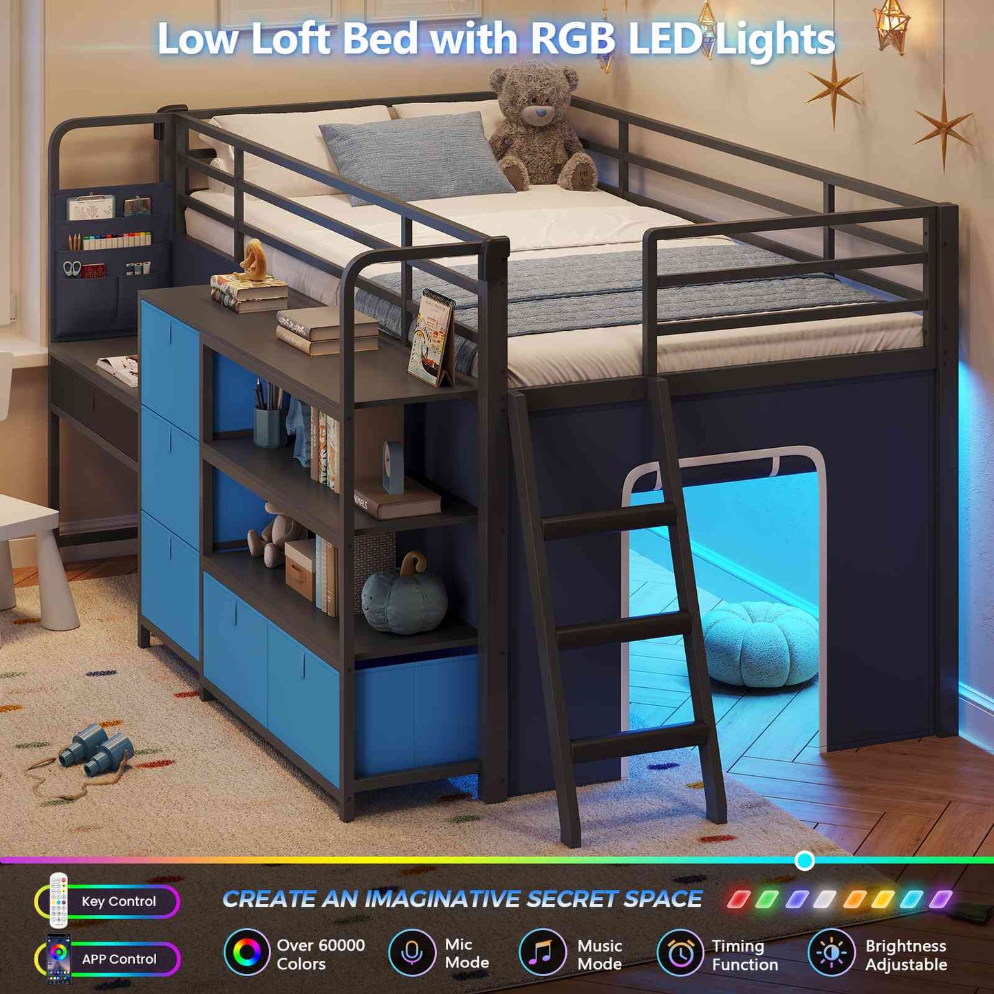 DICTAC | Twin Low Loft Bed for Kids with Desk, Storage Drawers, Bookshelf & Play Tent, LED Lights, Metal Loft Bed with Guardrail (Blue & Black)
