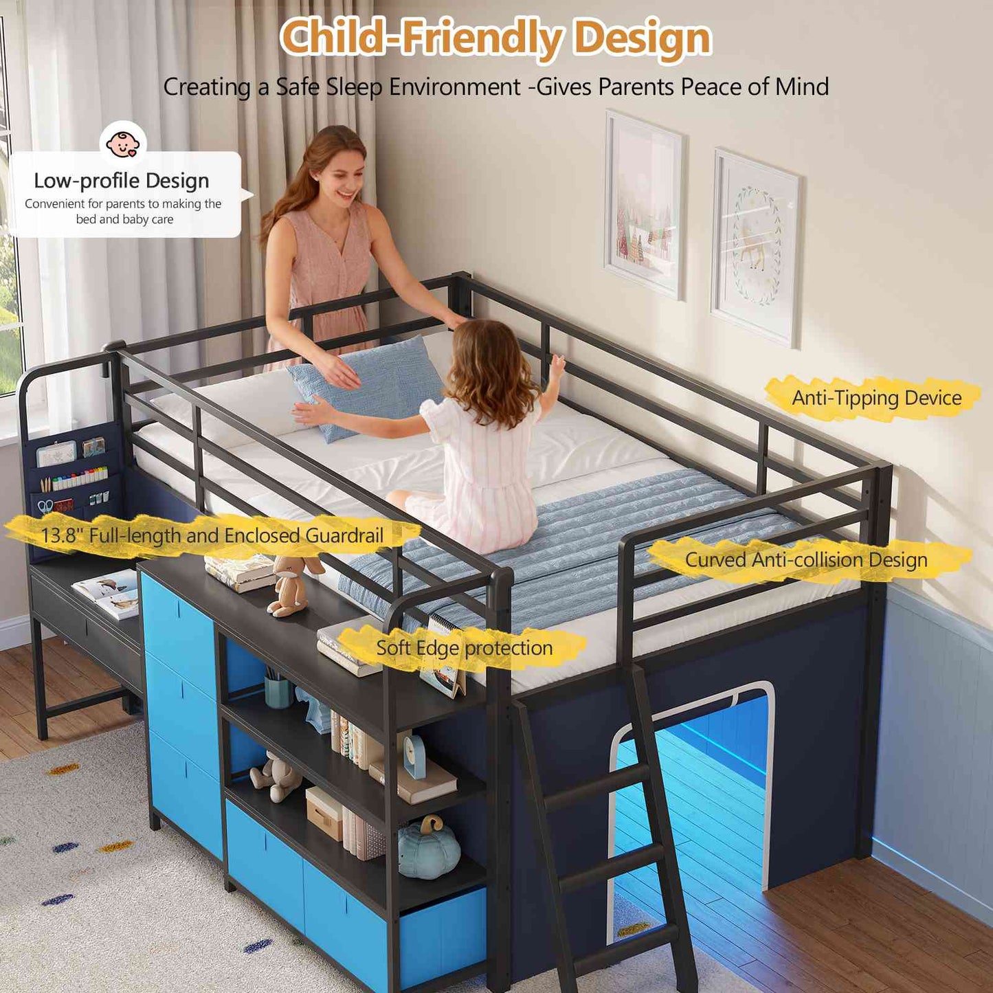 DICTAC | Twin Low Loft Bed for Kids with Desk, Storage Drawers, Bookshelf & Play Tent, LED Lights, Metal Loft Bed with Guardrail (Blue & Black)