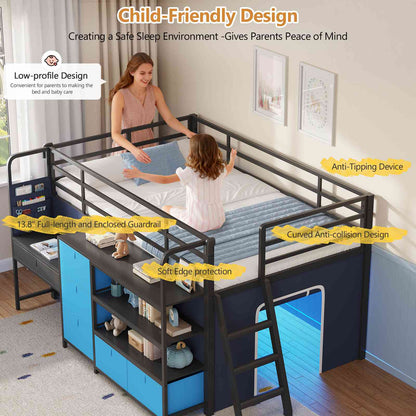 DICTAC | Twin Low Loft Bed for Kids with Desk, Storage Drawers, Bookshelf & Play Tent, LED Lights, Metal Loft Bed with Guardrail (Blue & Black)
