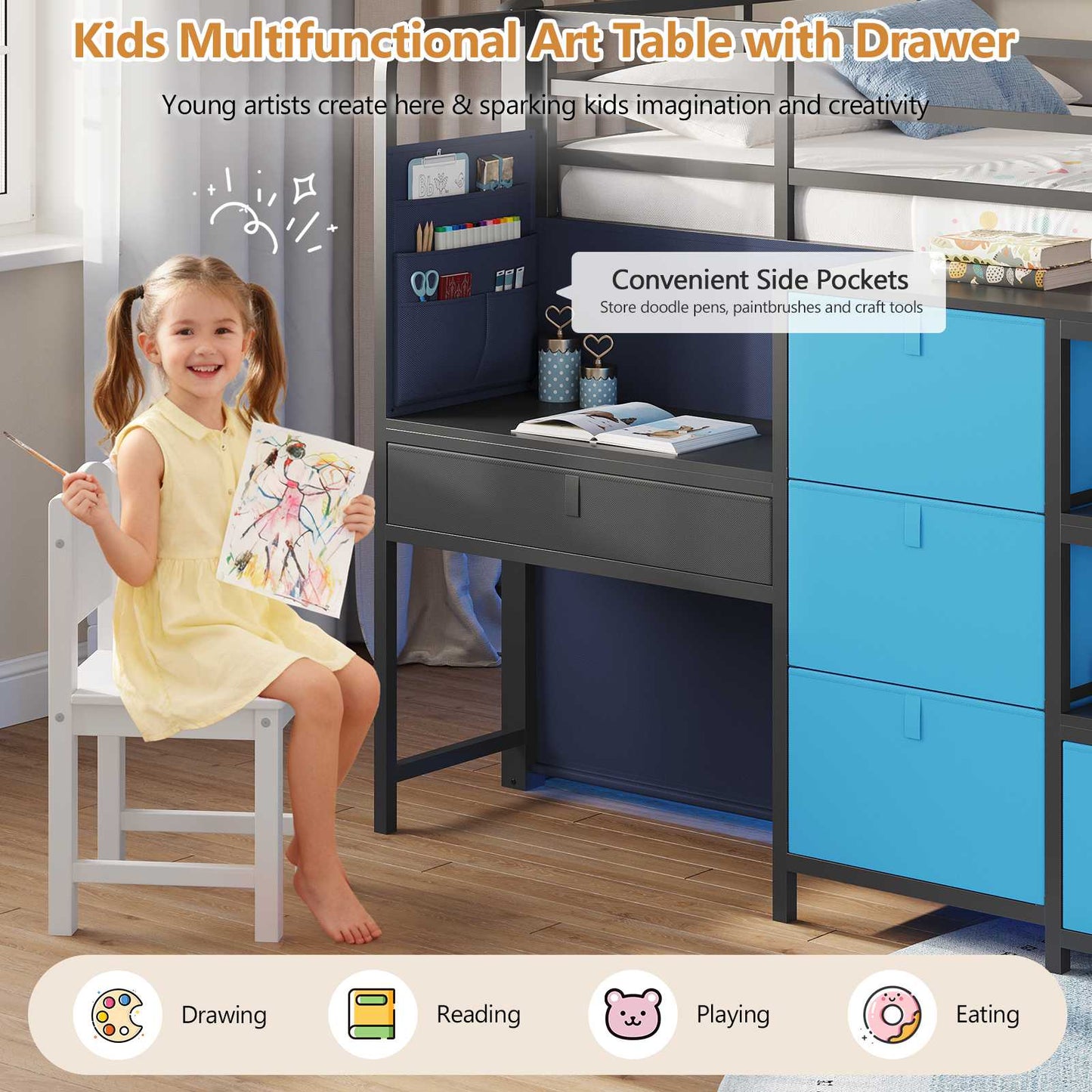 DICTAC | Twin Low Loft Bed for Kids with Desk, Storage Drawers, Bookshelf & Play Tent, LED Lights, Metal Loft Bed with Guardrail (Blue & Black)