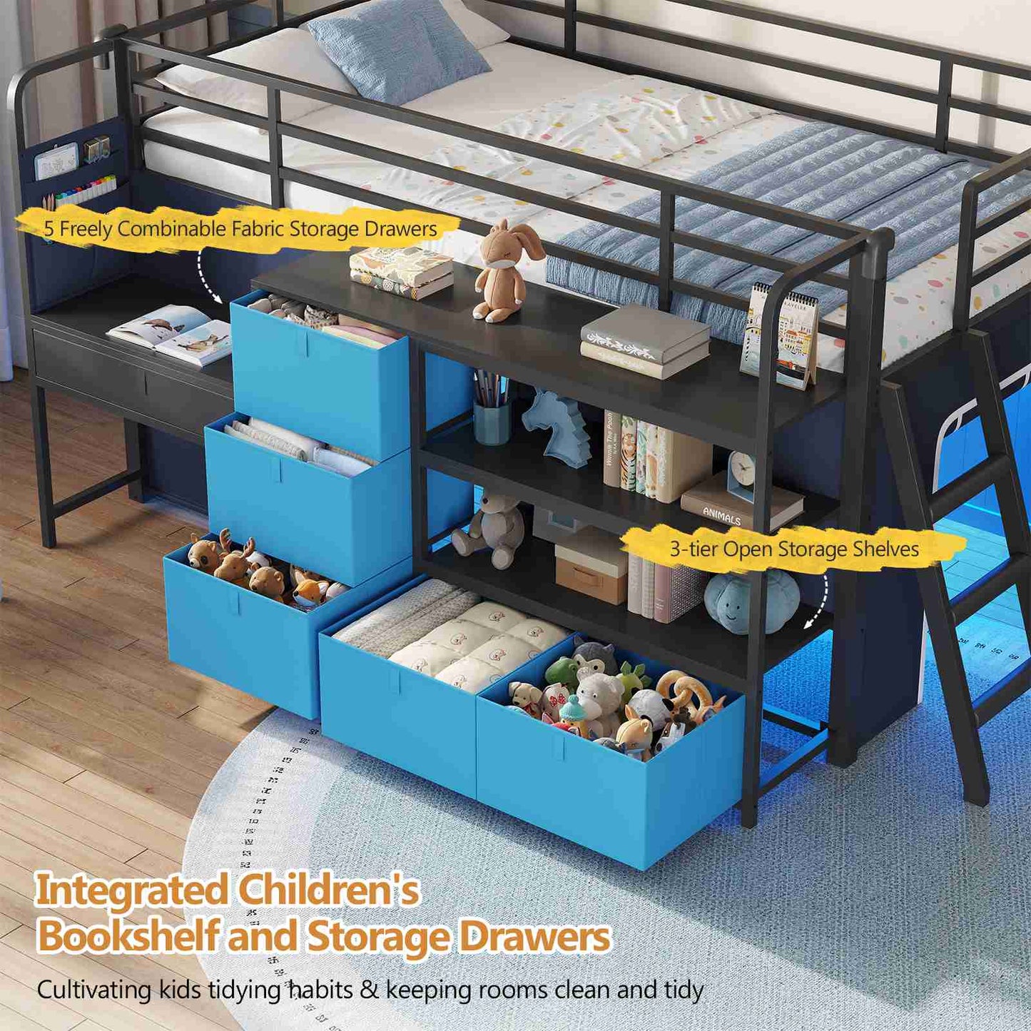 DICTAC | Twin Low Loft Bed for Kids with Desk, Storage Drawers, Bookshelf & Play Tent, LED Lights, Metal Loft Bed with Guardrail (Blue & Black)