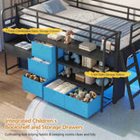 DICTAC | Twin Low Loft Bed for Kids with Desk, Storage Drawers, Bookshelf & Play Tent, LED Lights, Metal Loft Bed with Guardrail (Blue & Black)