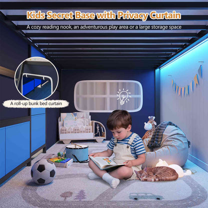 DICTAC | Twin Low Loft Bed for Kids with Desk, Storage Drawers, Bookshelf & Play Tent, LED Lights, Metal Loft Bed with Guardrail (Blue & Black)