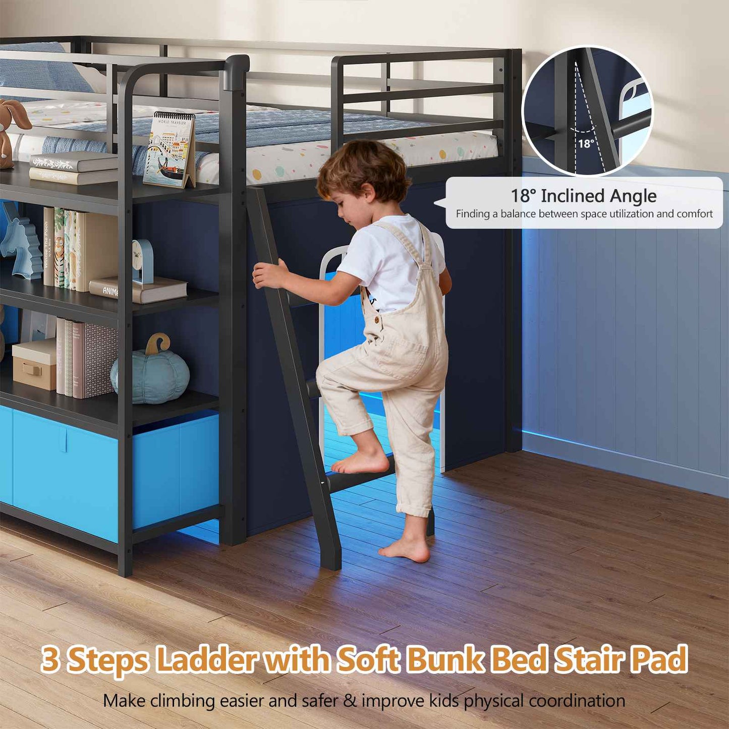DICTAC | Twin Low Loft Bed for Kids with Desk, Storage Drawers, Bookshelf & Play Tent, LED Lights, Metal Loft Bed with Guardrail (Blue & Black)