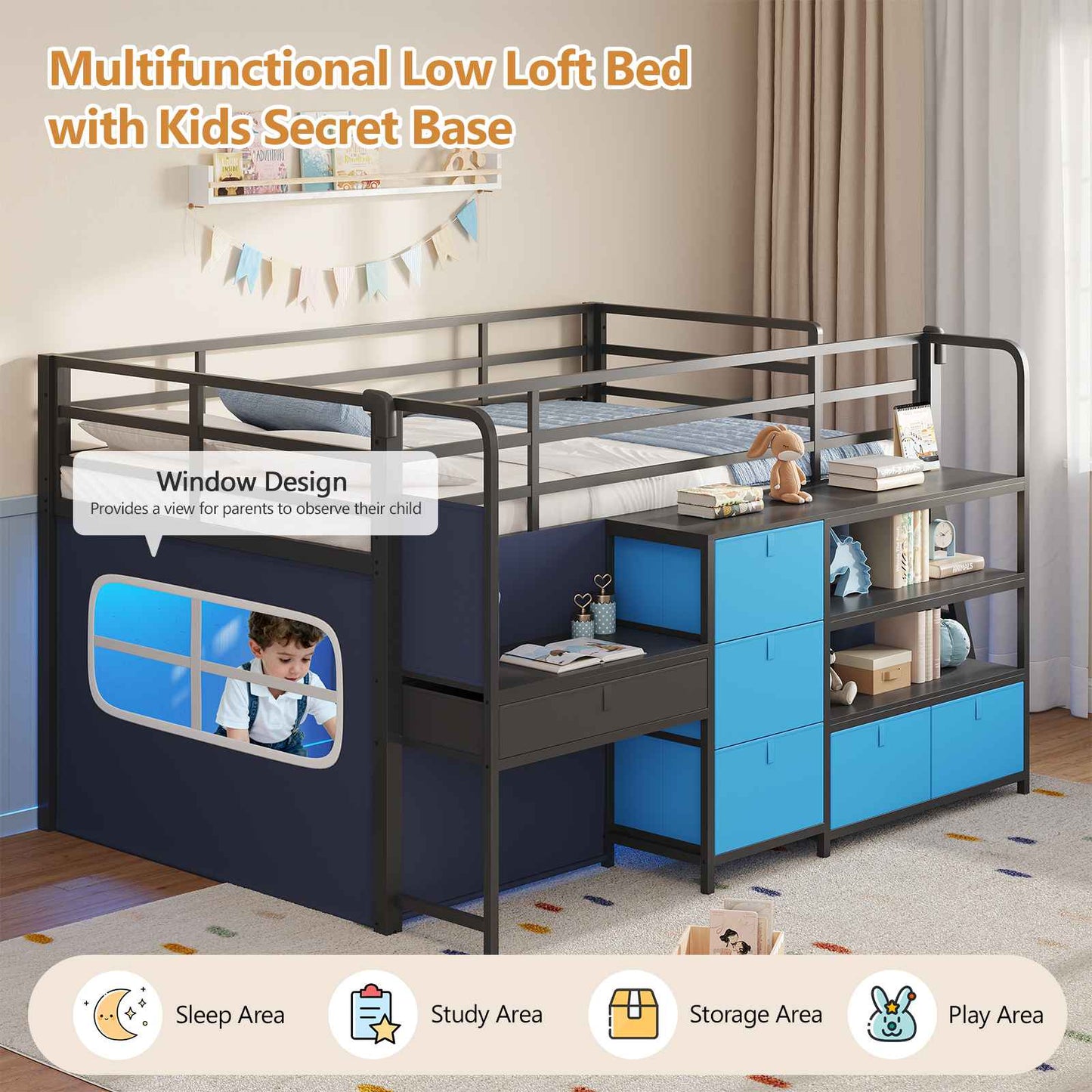DICTAC | Twin Low Loft Bed for Kids with Desk, Storage Drawers, Bookshelf & Play Tent, LED Lights, Metal Loft Bed with Guardrail (Blue & Black)