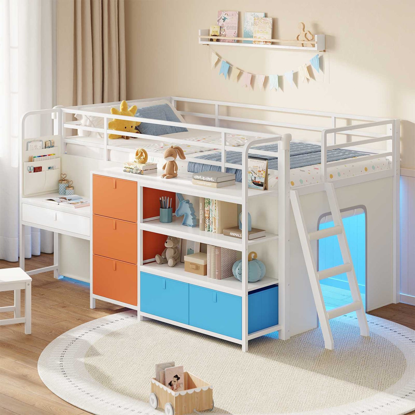 DICTAC | Twin Low Loft Bed for Kids with Desk, Storage Drawers, Bookshelf & Play Tent, LED Lights, Metal Loft Bed with Guardrail (Blue & Black)