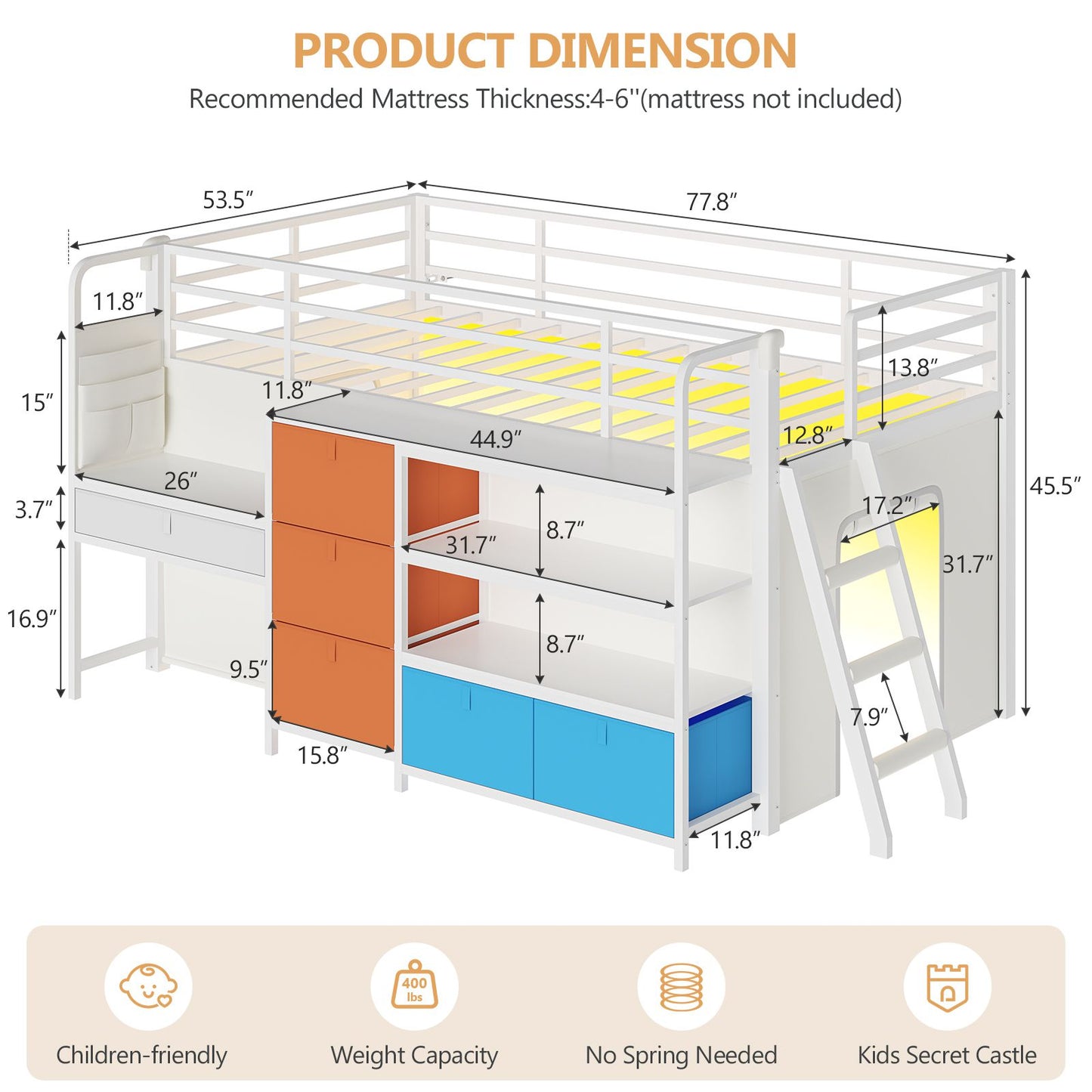 DICTAC | Twin Low Loft Bed for Kids with Desk, Storage Drawers, Bookshelf & Play Tent, LED Lights, Metal Loft Bed with Guardrail (Blue & Black)