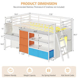 DICTAC | Twin Low Loft Bed for Kids with Desk, Storage Drawers, Bookshelf & Play Tent, LED Lights, Metal Loft Bed with Guardrail (Blue & Black)