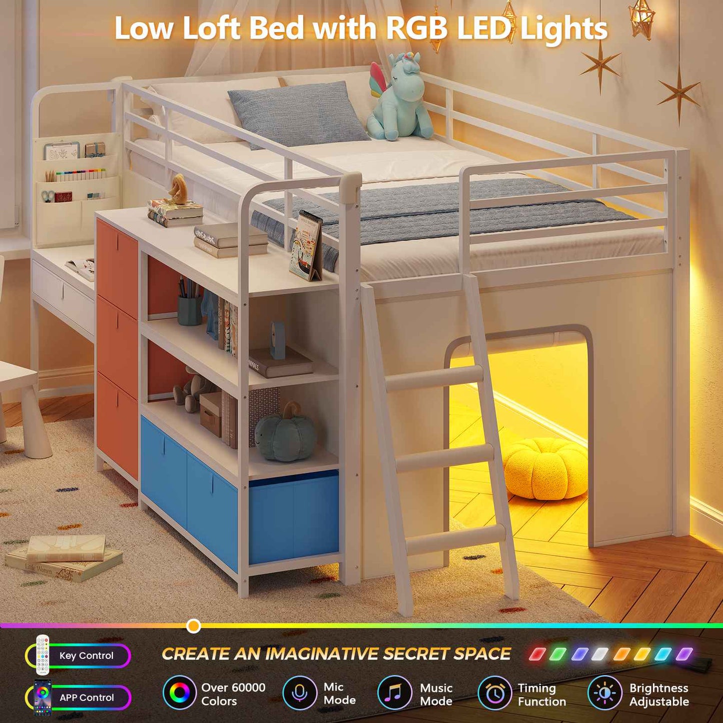 DICTAC | Twin Low Loft Bed for Kids with Desk, Storage Drawers, Bookshelf & Play Tent, LED Lights, Metal Loft Bed with Guardrail (Blue & Black)