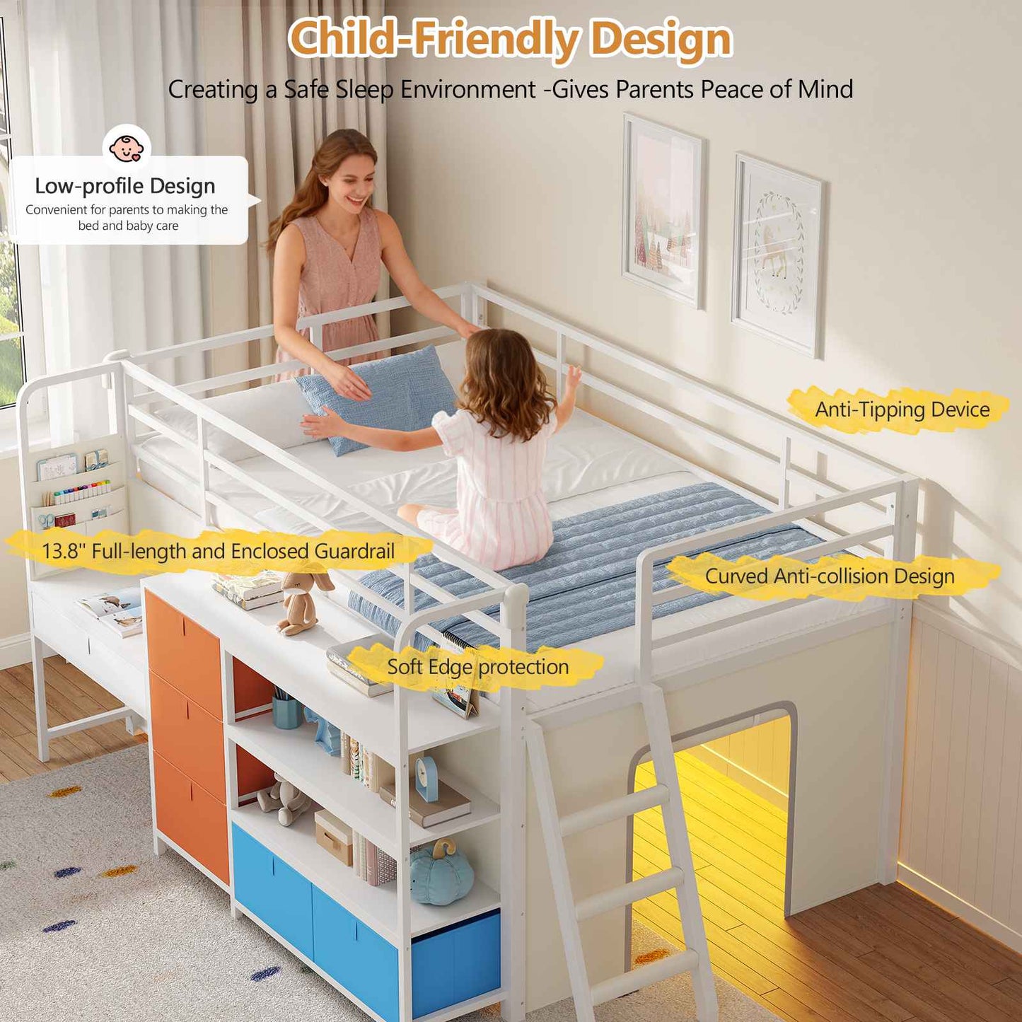 DICTAC | Twin Low Loft Bed for Kids with Desk, Storage Drawers, Bookshelf & Play Tent, LED Lights, Metal Loft Bed with Guardrail (Blue & Black)
