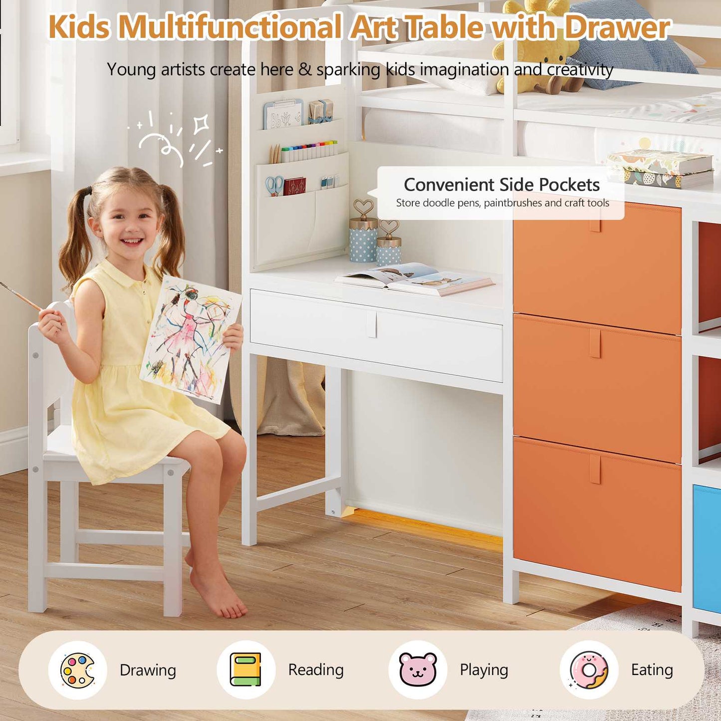 DICTAC | Twin Low Loft Bed for Kids with Desk, Storage Drawers, Bookshelf & Play Tent, LED Lights, Metal Loft Bed with Guardrail (Blue & Black)