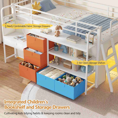 DICTAC | Twin Low Loft Bed for Kids with Desk, Storage Drawers, Bookshelf & Play Tent, LED Lights, Metal Loft Bed with Guardrail (Blue & Black)