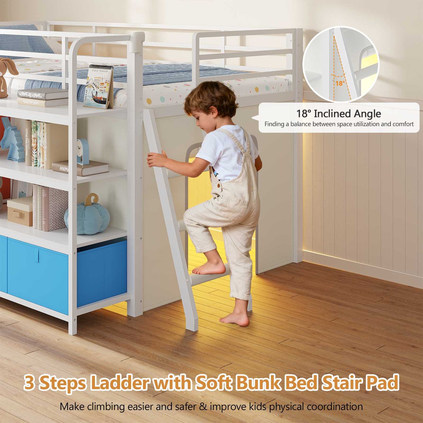DICTAC | Twin Low Loft Bed for Kids with Desk, Storage Drawers, Bookshelf & Play Tent, LED Lights, Metal Loft Bed with Guardrail (Blue & Black)