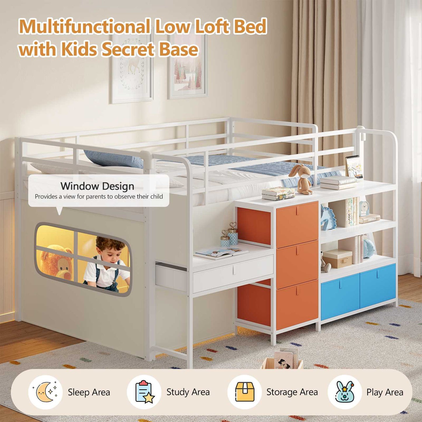 DICTAC | Twin Low Loft Bed for Kids with Desk, Storage Drawers, Bookshelf & Play Tent, LED Lights, Metal Loft Bed with Guardrail (Blue & Black)