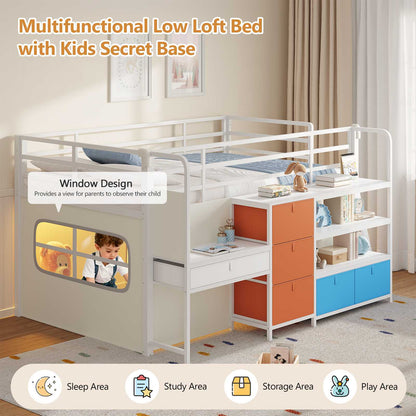 DICTAC | Twin Low Loft Bed for Kids with Desk, Storage Drawers, Bookshelf & Play Tent, LED Lights, Metal Loft Bed with Guardrail (Blue & Black)