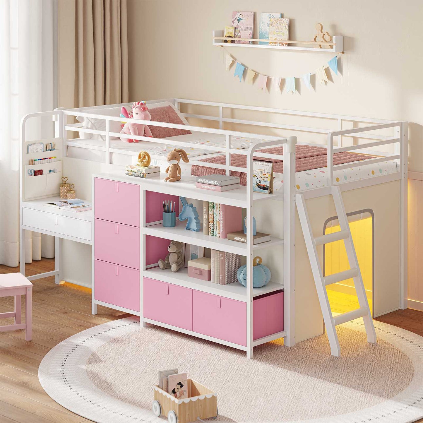 DICTAC | Twin Low Loft Bed for Kids with Desk, Storage Drawers, Bookshelf & Play Tent, LED Lights, Metal Loft Bed with Guardrail (Blue & Black)