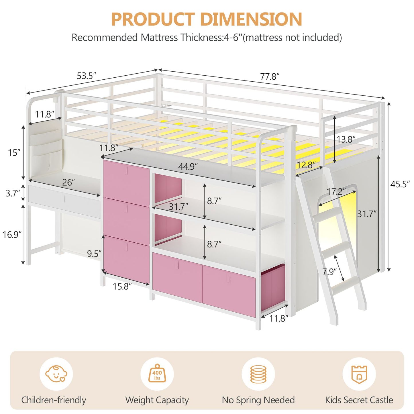 DICTAC | Twin Low Loft Bed for Kids with Desk, Storage Drawers, Bookshelf & Play Tent, LED Lights, Metal Loft Bed with Guardrail (Blue & Black)