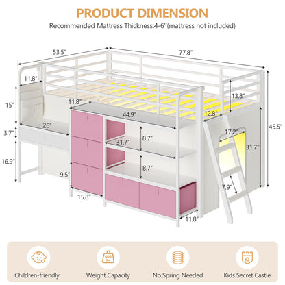 DICTAC | Twin Low Loft Bed for Kids with Desk, Storage Drawers, Bookshelf & Play Tent, LED Lights, Metal Loft Bed with Guardrail (Blue & Black)