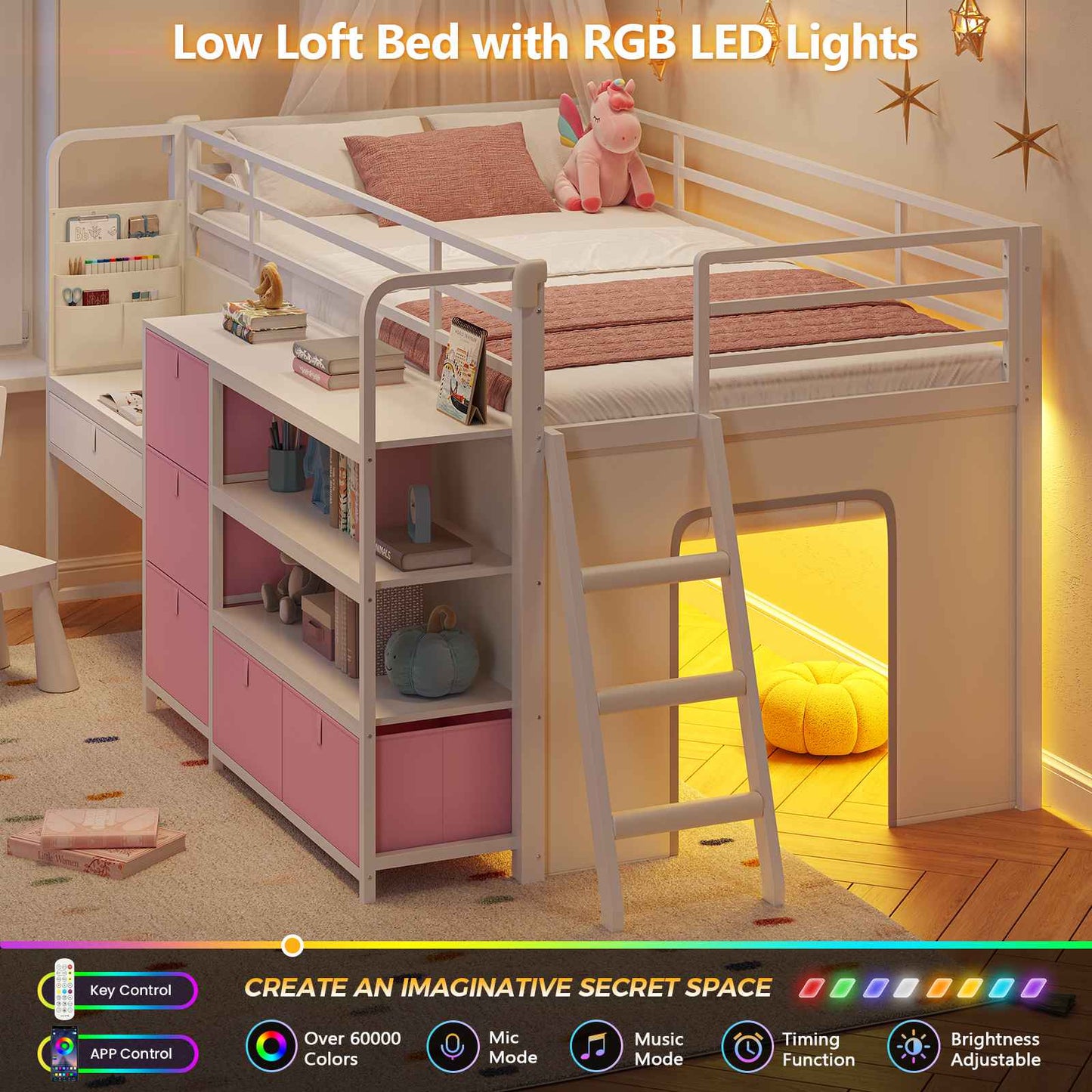DICTAC | Twin Low Loft Bed for Kids with Desk, Storage Drawers, Bookshelf & Play Tent, LED Lights, Metal Loft Bed with Guardrail (Blue & Black)